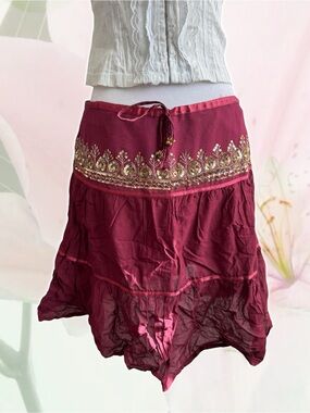 Atmosphere Burgundy Skirt with Gold Embroidery